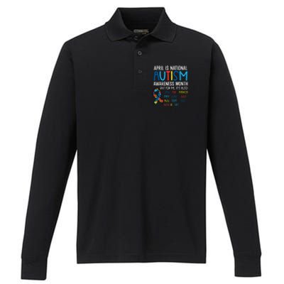 April National Autism Awareness Month Ribbon Men Women Performance Long Sleeve Polo