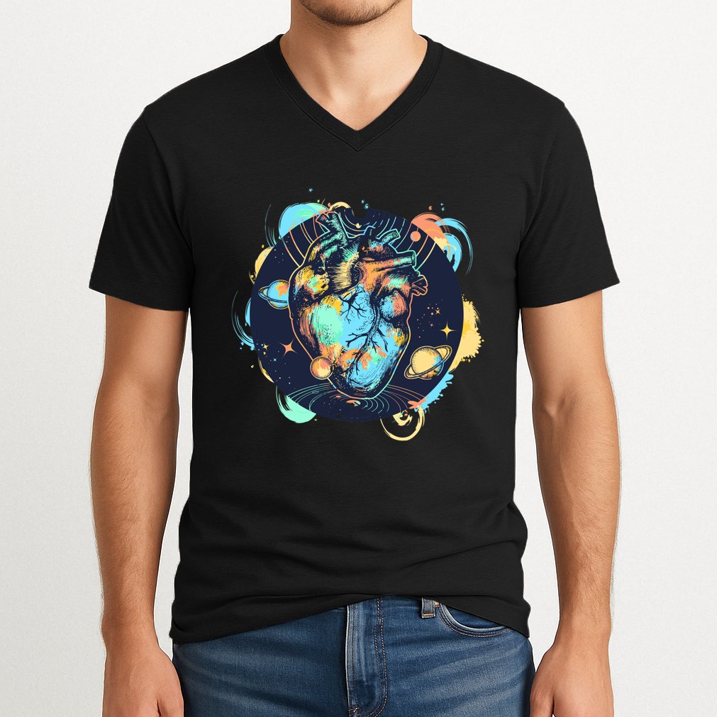 Anatomic Heart Among Galaxies and Planets V-Neck T-Shirt