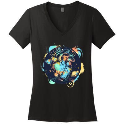 Anatomic Heart Among Galaxies and Planets Women's V-Neck T-Shirt