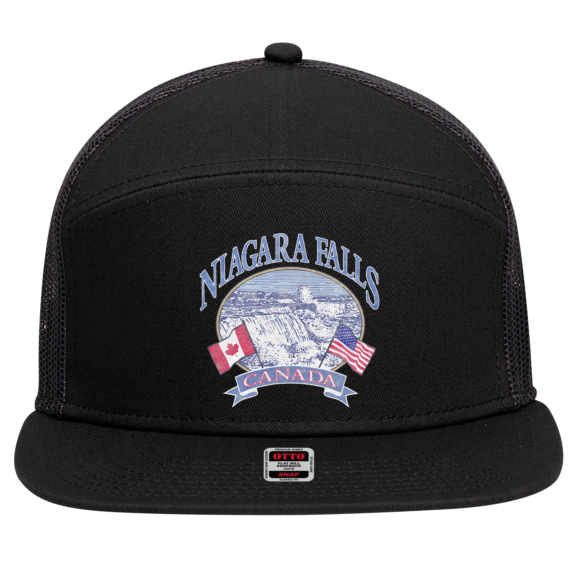 Americana Niagara Falls Scene Canada America Flags 7 Panel Mesh Trucker Snapback Hat