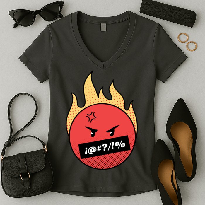 Angry Flaming Emoji Women's V-Neck T-Shirt