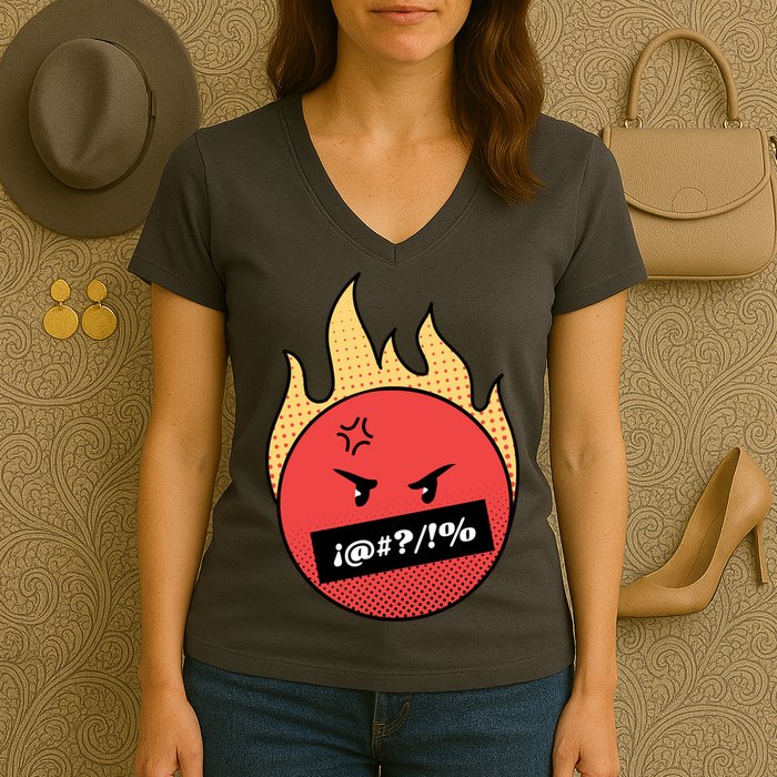 Angry Flaming Emoji Women's V-Neck T-Shirt