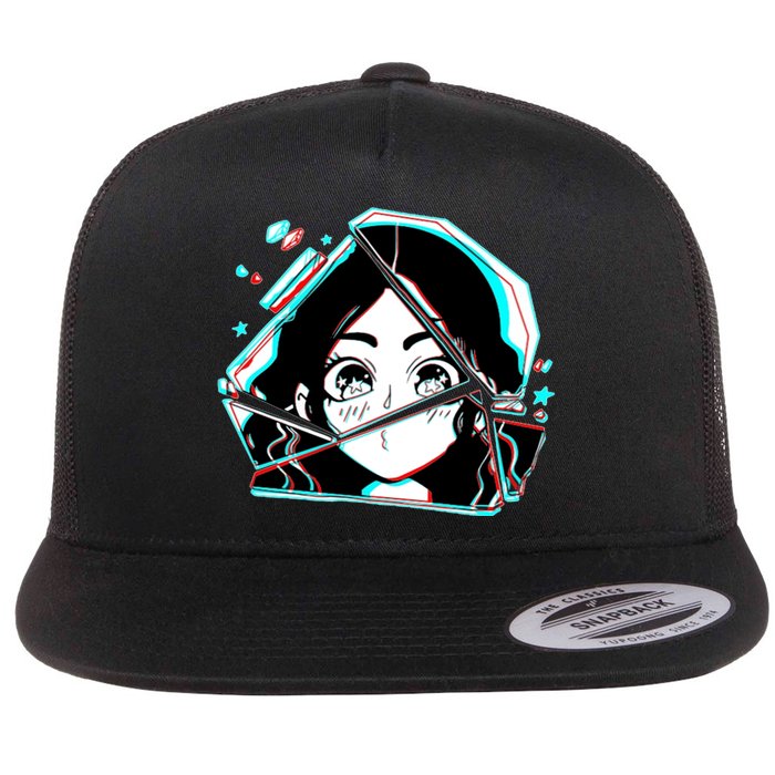 Anime Broken Glass Sparkle Eyes Flat Bill Trucker Hat