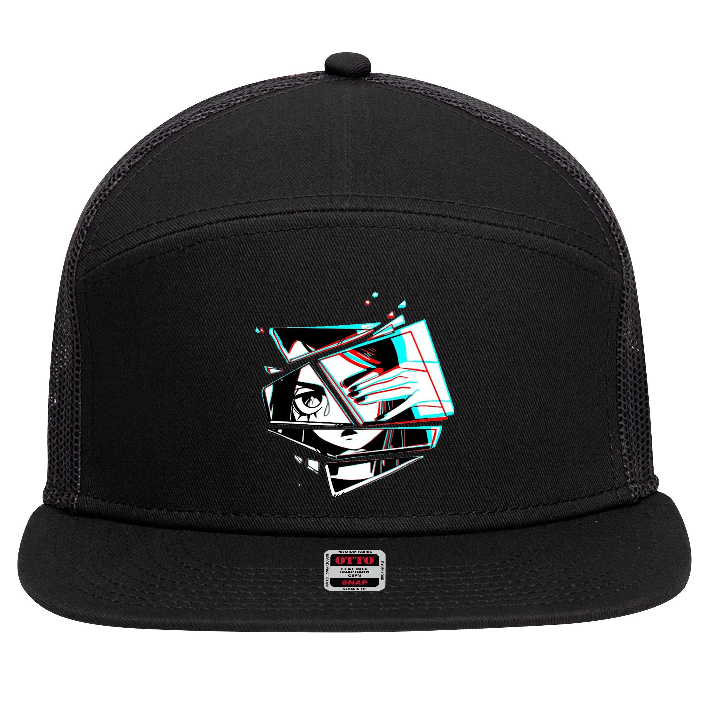 Anime Eyes Broken Glass Hand Over Eye 7 Panel Mesh Trucker Snapback Hat