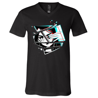 Anime Eyes Broken Glass Hand Over Eye V-Neck T-Shirt