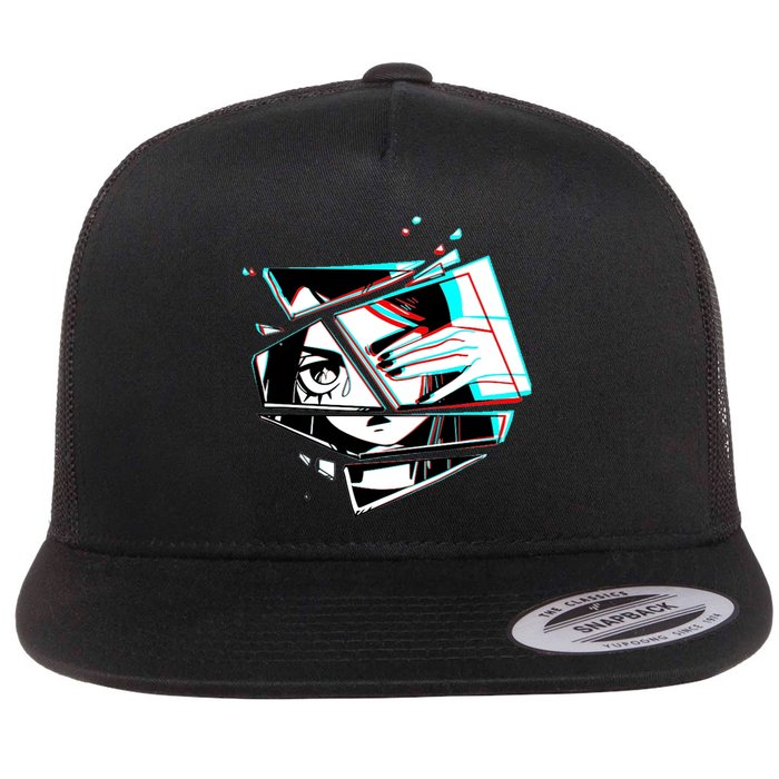 Anime Eyes Broken Glass Hand Over Eye Flatbill Hat