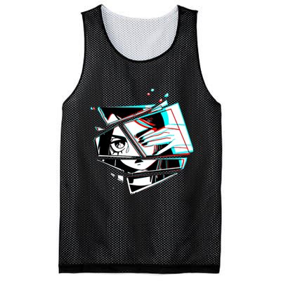 Anime Eyes Broken Glass Hand Over Eye Mesh Reversible Basketball Jersey Tank