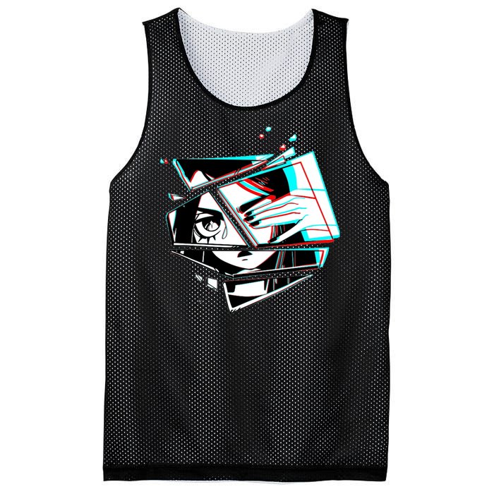 Anime Eyes Broken Glass Hand Over Eye Mesh Reversible Basketball Jersey Tank