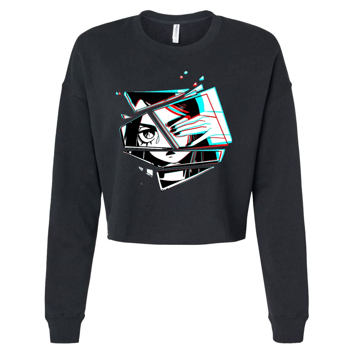 Anime Eyes Broken Glass Hand Over Eye Cropped Pullover Crew