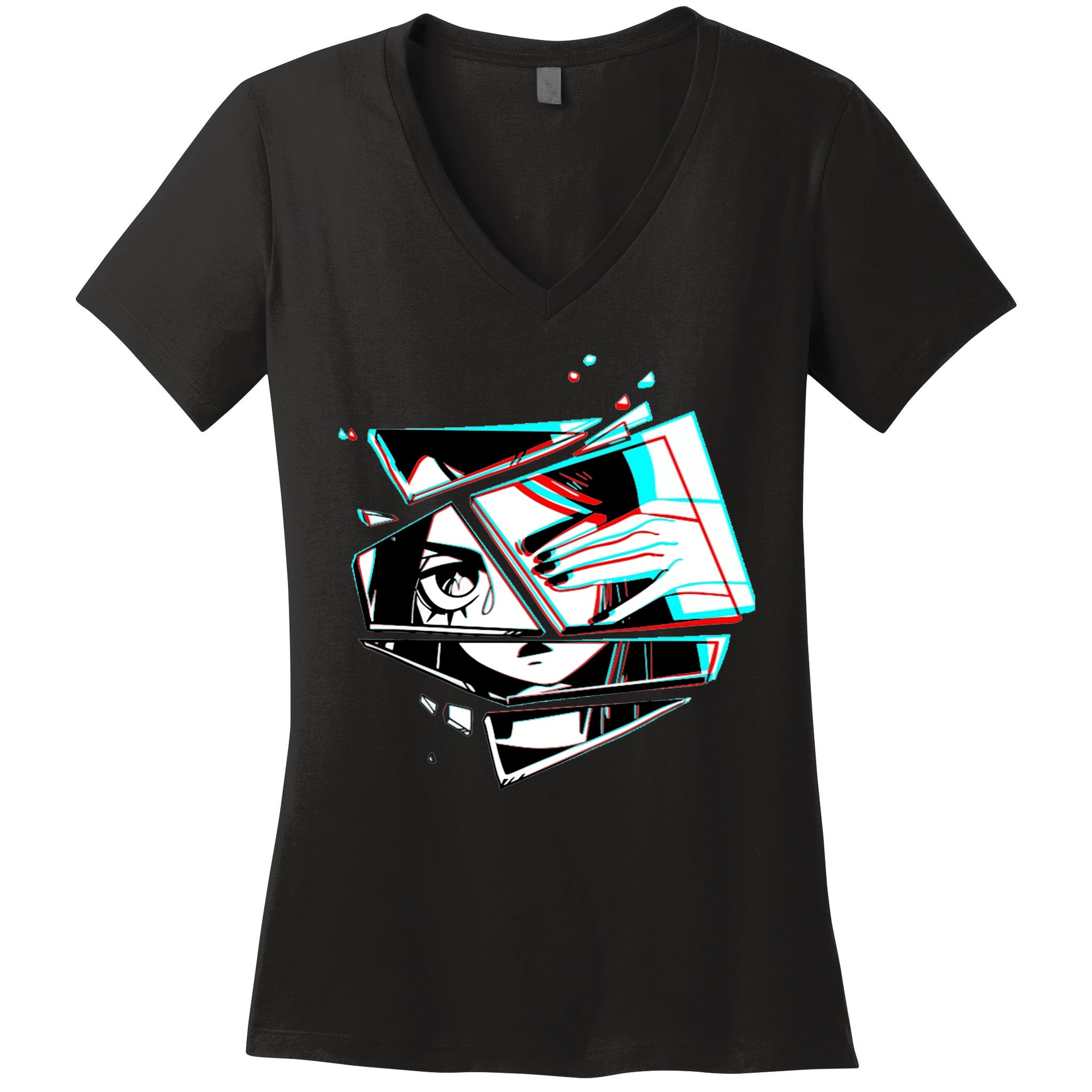Anime Eyes Broken Glass Hand Over Eye Women's V-Neck T-Shirt