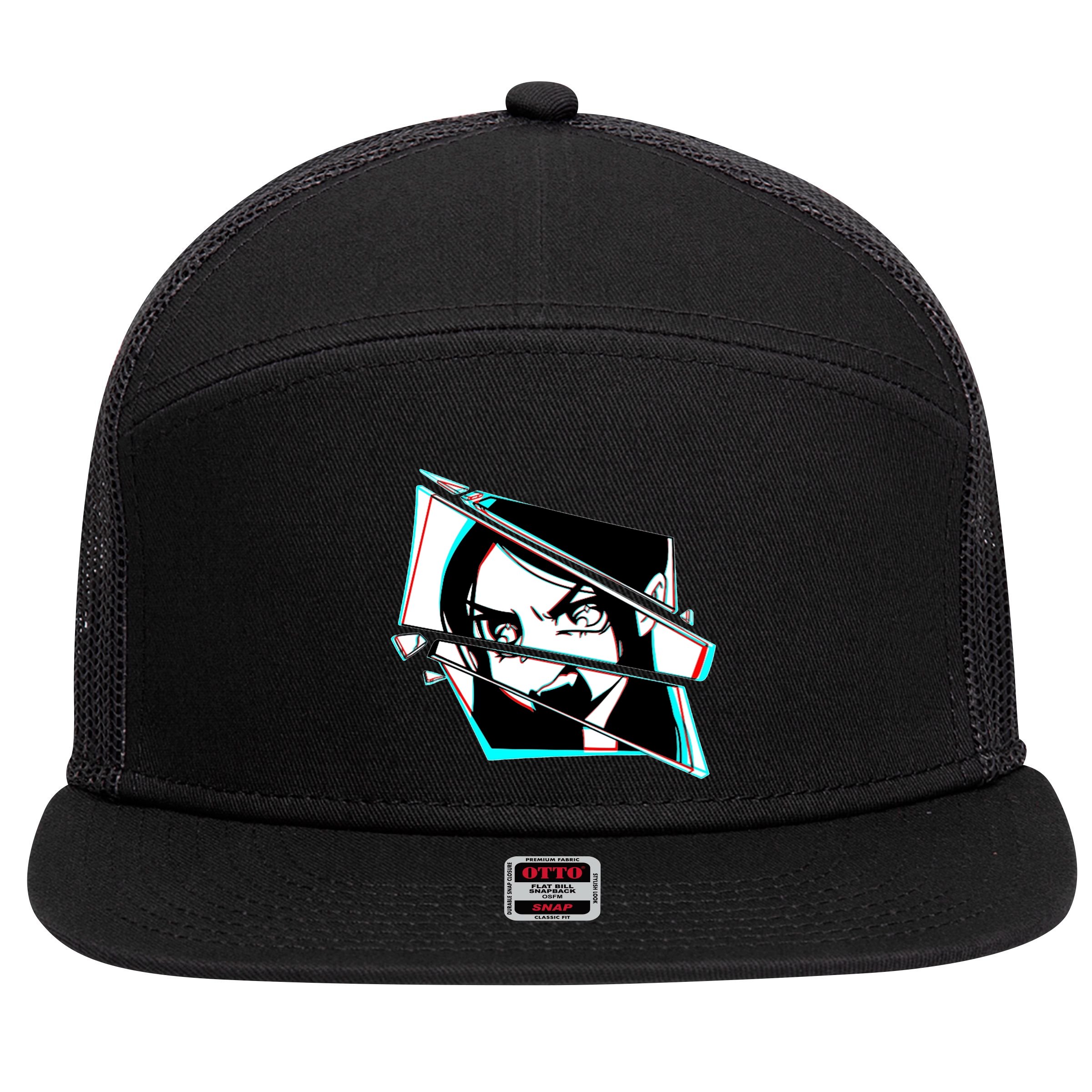 Anime Eyes Broken Glass Yelling 7 Panel Mesh Trucker Snapback Hat