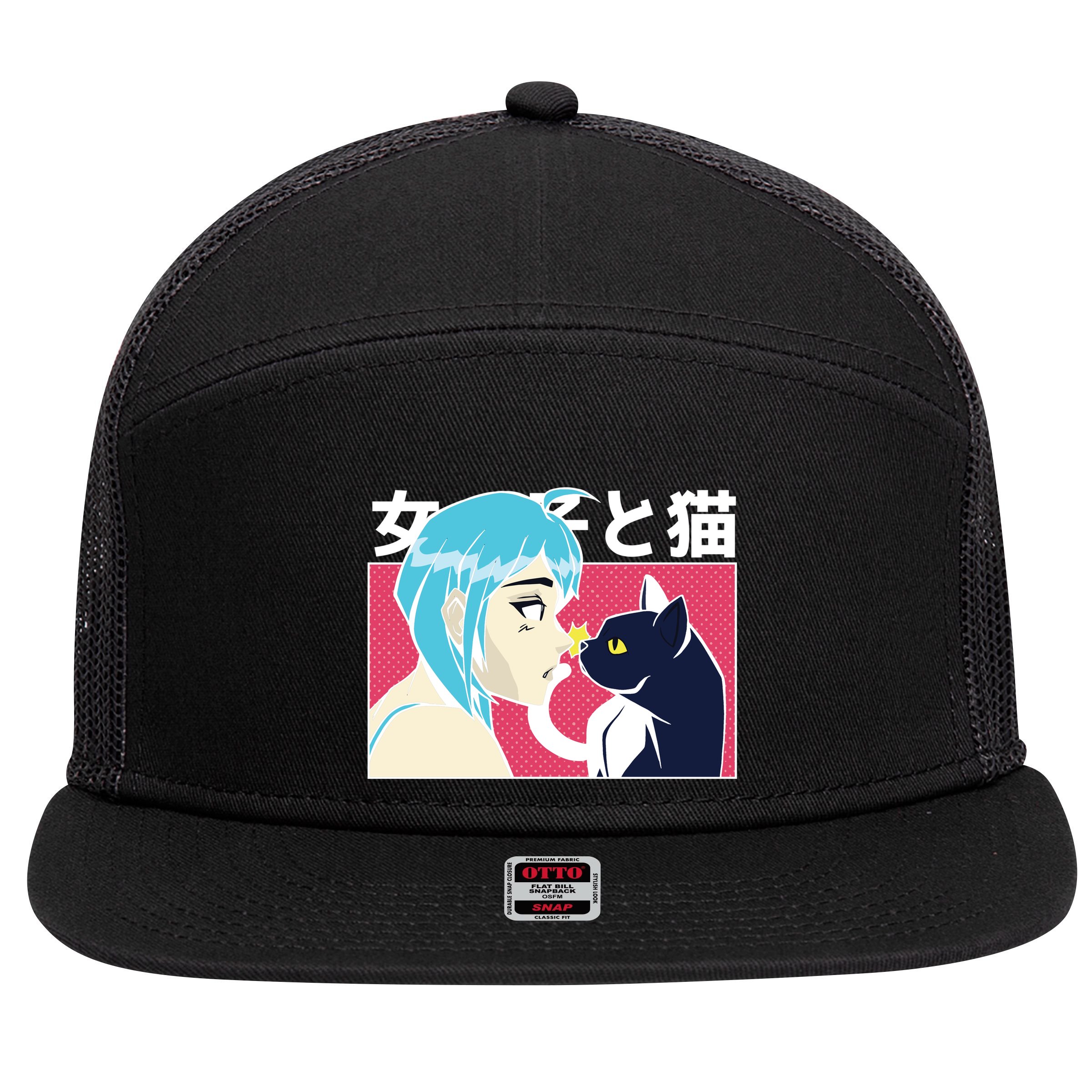 Anime Girl Cat 7 Panel Mesh Trucker Snapback Hat
