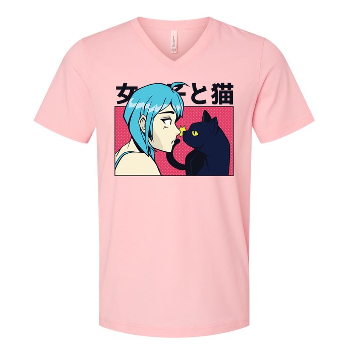 Anime Girl Cat V-Neck T-Shirt