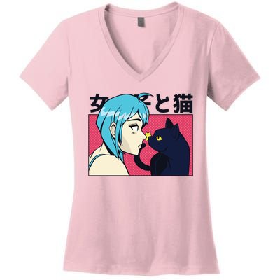 Anime Girl Cat Women's V-Neck T-Shirt