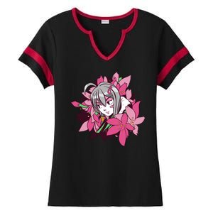 Anime Girl Flowers Ladies Halftime Notch Neck Tee