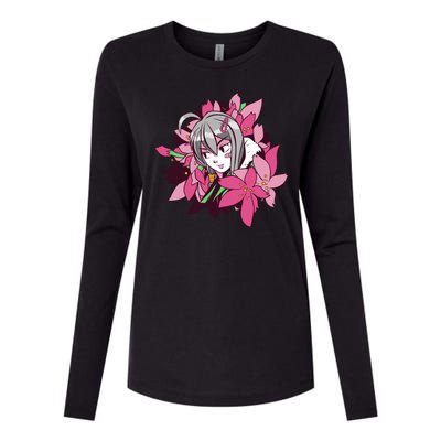 Anime Girl Flowers Womens Cotton Relaxed Long Sleeve T-Shirt