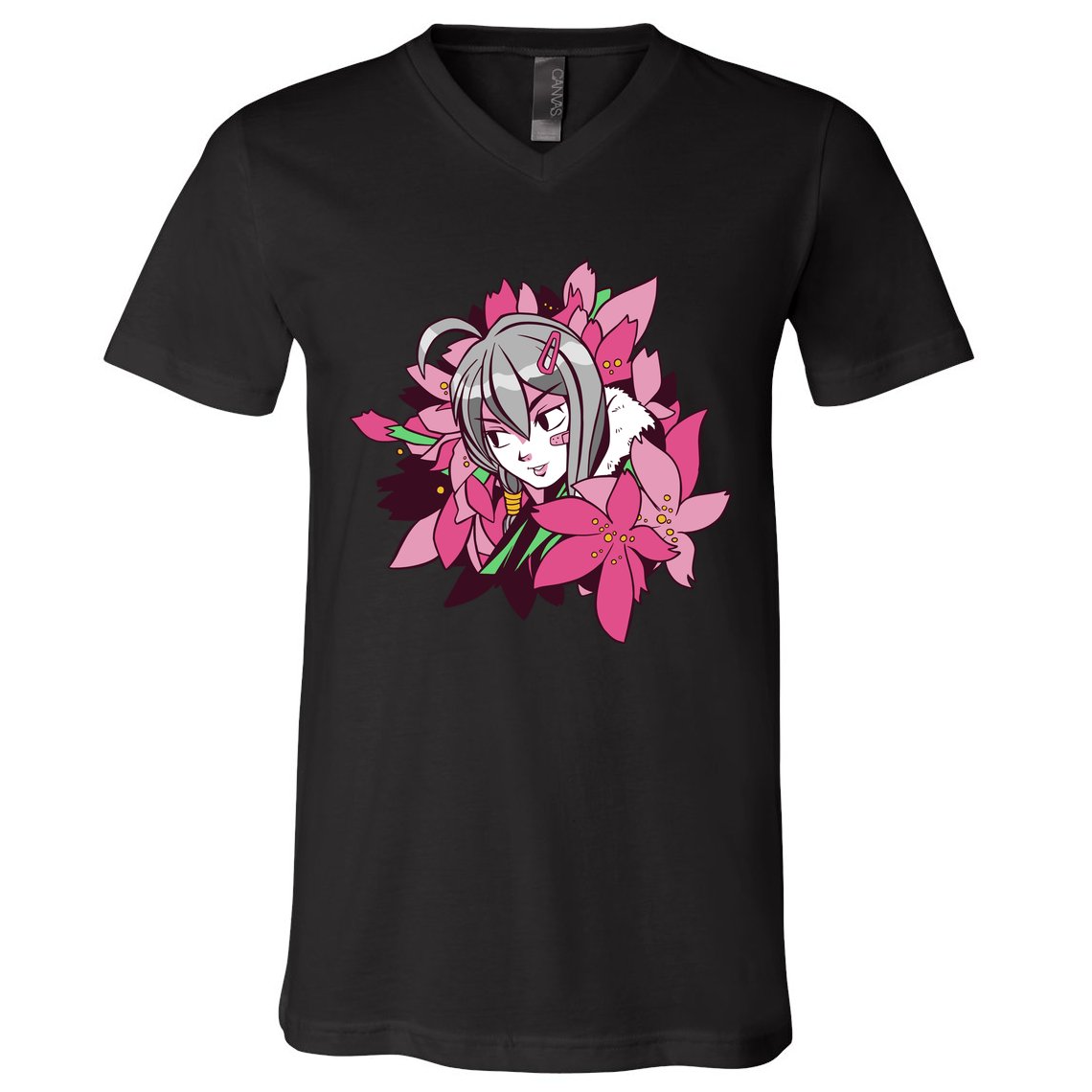 Anime Girl Flowers V-Neck T-Shirt