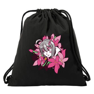Anime Girl Flowers Drawstring Bag