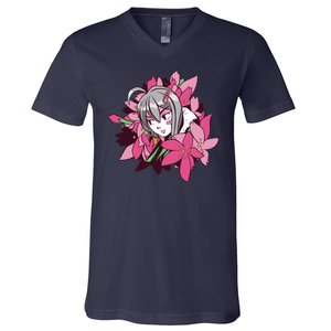 Anime Girl Flowers V-Neck T-Shirt