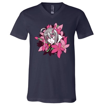 Anime Girl Flowers V-Neck T-Shirt