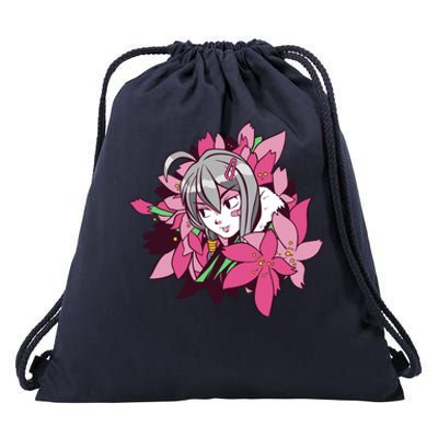 Anime Girl Flowers Drawstring Bag