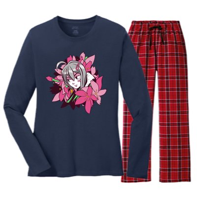 Anime Girl Flowers Women's Long Sleeve Flannel Pajama Set 