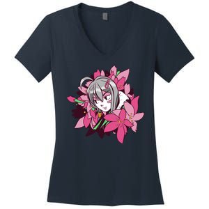 Anime Girl Flowers Women's V-Neck T-Shirt