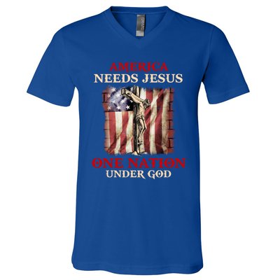 America Needs Jesus One Nation Under God American Flag Gift V-Neck T-Shirt