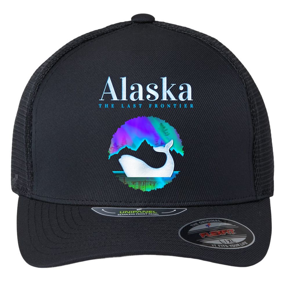 Alaska Northern Lights Orca Whale With Aurora Borealis Meaningful Gift Flexfit Unipanel Trucker Cap