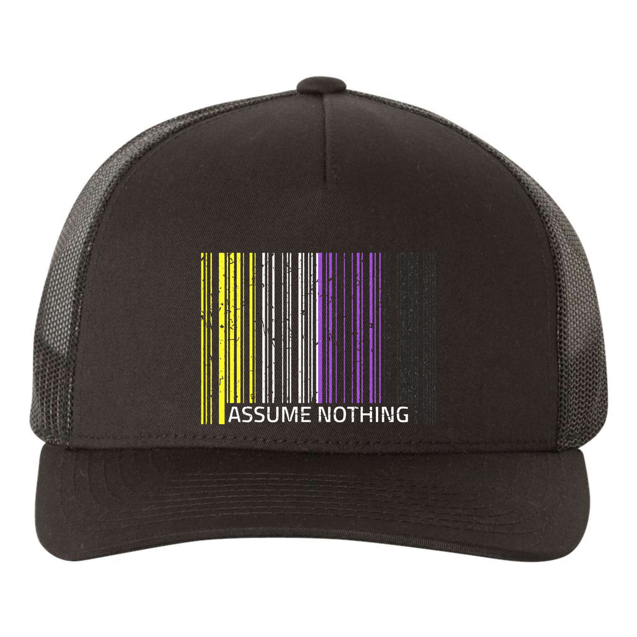Assume Nothing Non Binary Flag Genderqueer Lgbtqia Pride Yupoong Adult 5-Panel Trucker Hat
