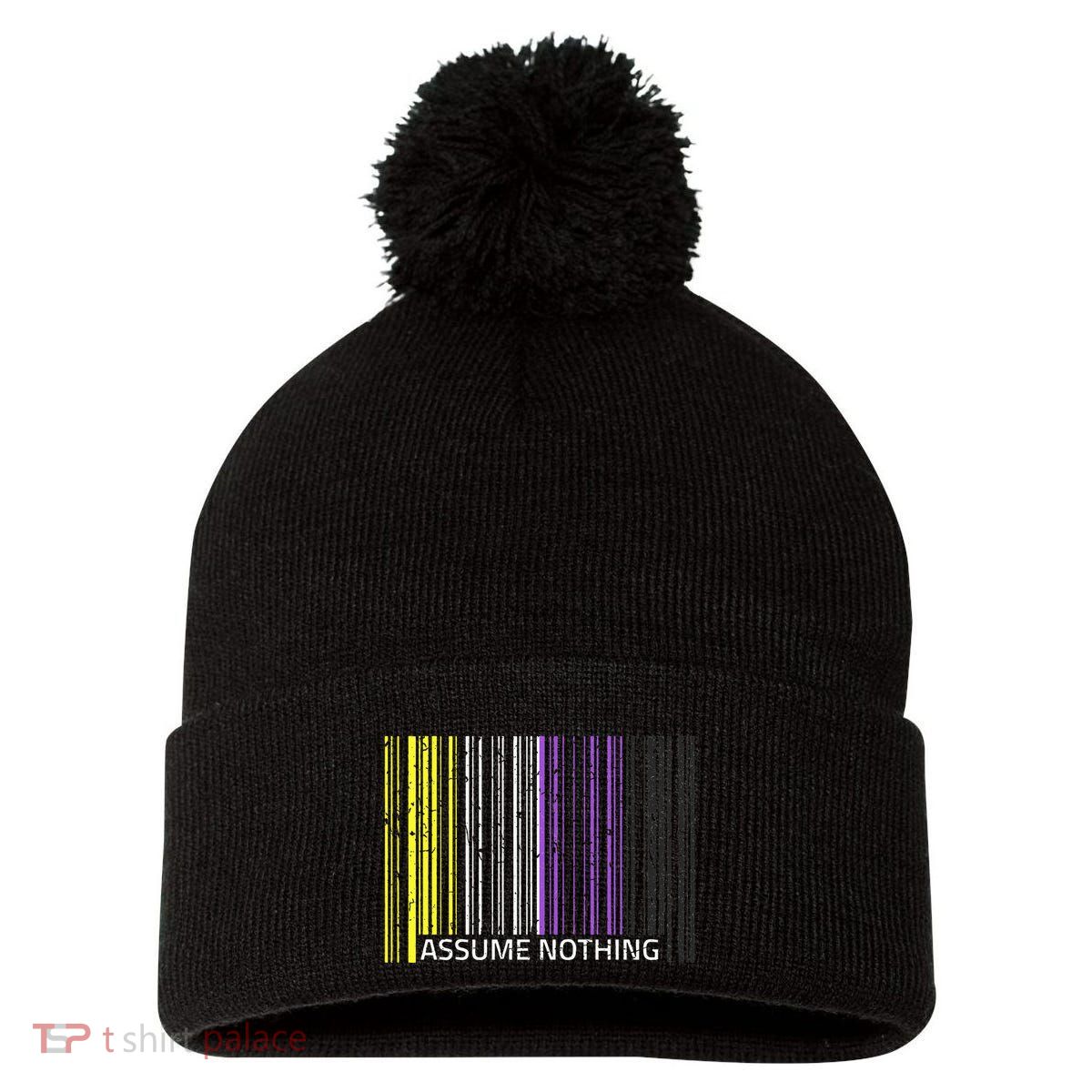 Assume Nothing Non Binary Flag Genderqueer Lgbtqia Pride Pom Pom 12in Knit Beanie