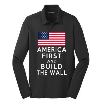 America Number One Again And Build A Wall Silk Touch Performance Long Sleeve Polo