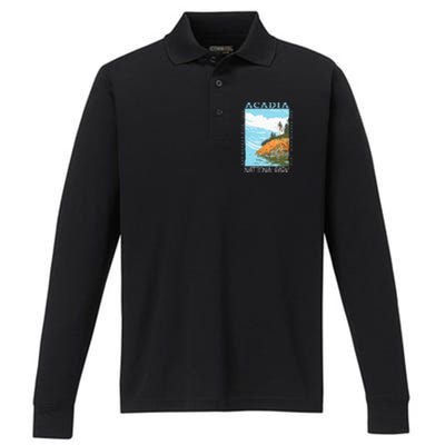 Acadia National Park Bar Harbor Maine Vintage Performance Long Sleeve Polo