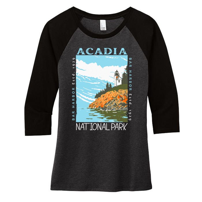 Acadia National Park Bar Harbor Maine Vintage Women's Tri-Blend 3/4-Sleeve Raglan Shirt