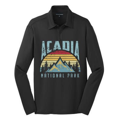 Acadia National Park Maine Mountains Retro Gift Silk Touch Performance Long Sleeve Polo