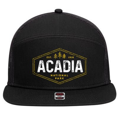 Acadia National Park Vintage Tree Hexagon Badge Hiking 7 Panel Mesh Trucker Snapback Hat