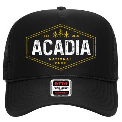 Acadia National Park Vintage Tree Hexagon Badge Hiking High Crown Mesh Back Trucker Hat