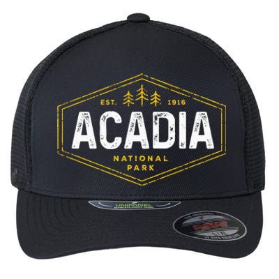 Acadia National Park Vintage Tree Hexagon Badge Hiking Flexfit Unipanel Trucker Cap