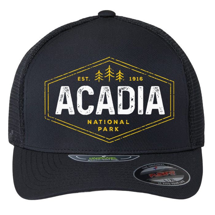 Acadia National Park Vintage Tree Hexagon Badge Hiking Flexfit Unipanel Trucker Cap