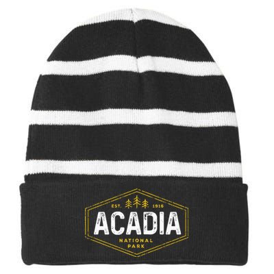 Acadia National Park Vintage Tree Hexagon Badge Hiking Striped Beanie with Solid Band