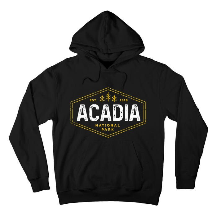 Acadia National Park Vintage Tree Hexagon Badge Hiking Tall Hoodie