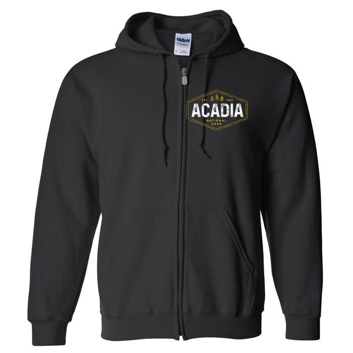 Acadia National Park Vintage Tree Hexagon Badge Hiking Full Zip Hoodie