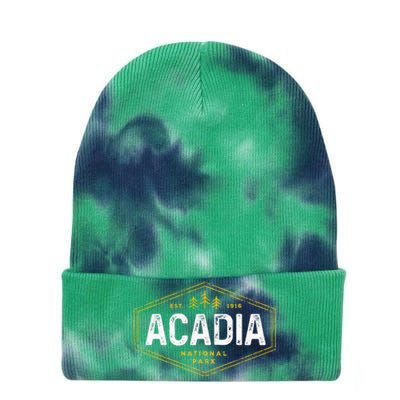 Acadia National Park Vintage Tree Hexagon Badge Hiking Tie Dye 12in Knit Beanie