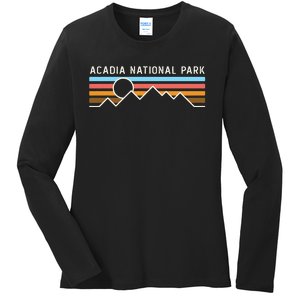 Acadia National Park Retro Mountain Lines Camping Hiking Ladies Long Sleeve Shirt