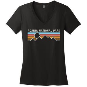 Acadia National Park Retro Mountain Lines Camping Hiking Women's V-Neck T-Shirt