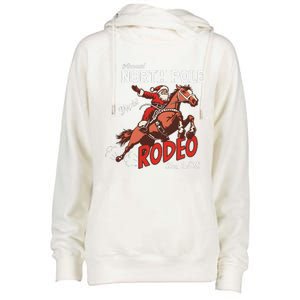 Annual North Pole Rodeo Western Christmas Cowboy Santa Womens Funnel Neck Pullover Hood