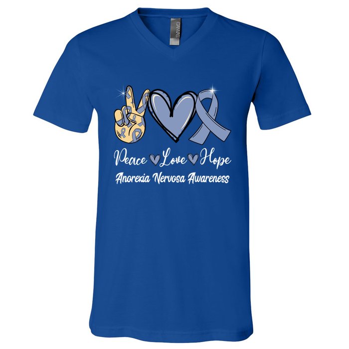 Anorexia Nervosa Peace Love Hope Perwinkle Blue Ribbon Gift V-Neck T-Shirt