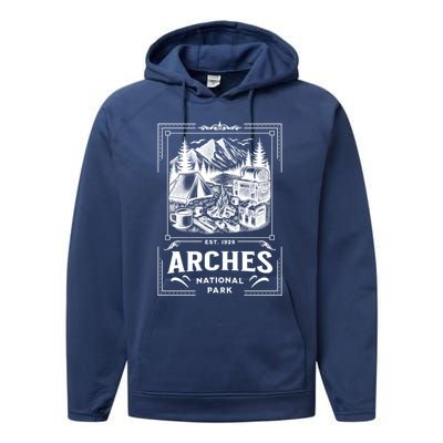 Arches National Park Vintage Camping Vacation Souvenir Gift Performance Fleece Hoodie