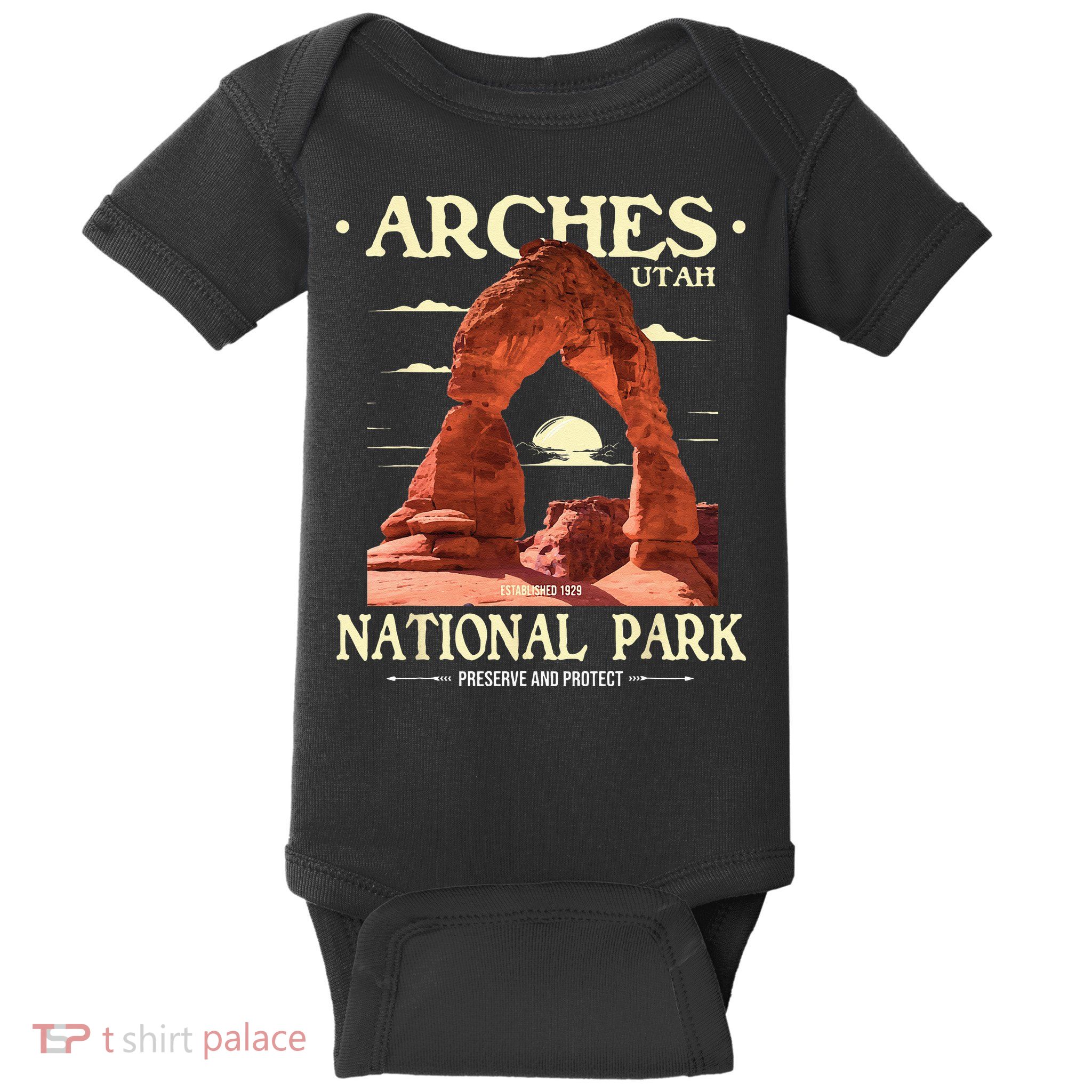Arches National Park Retro Hiking & Camping Lover Baby Bodysuit
