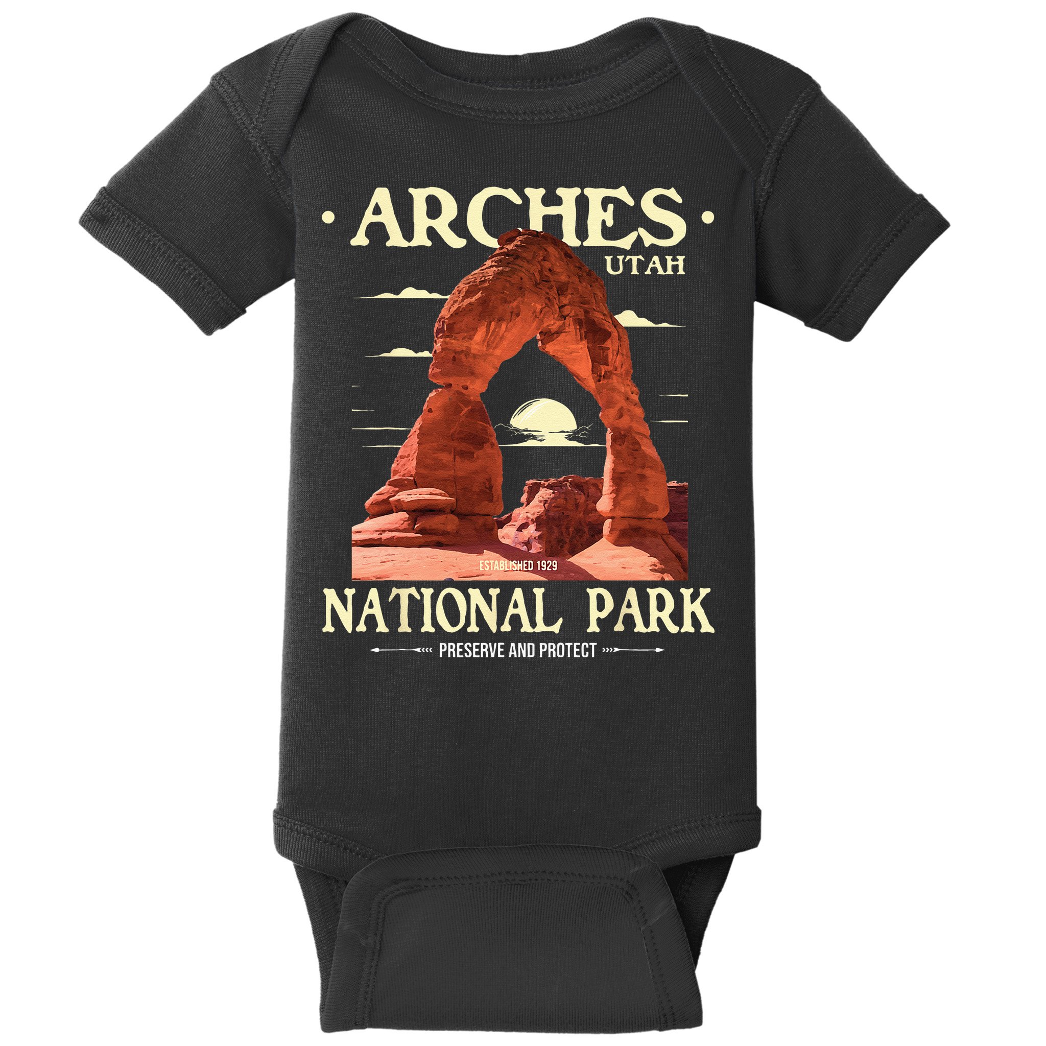 Arches National Park Retro Hiking & Camping Lover Baby Bodysuit